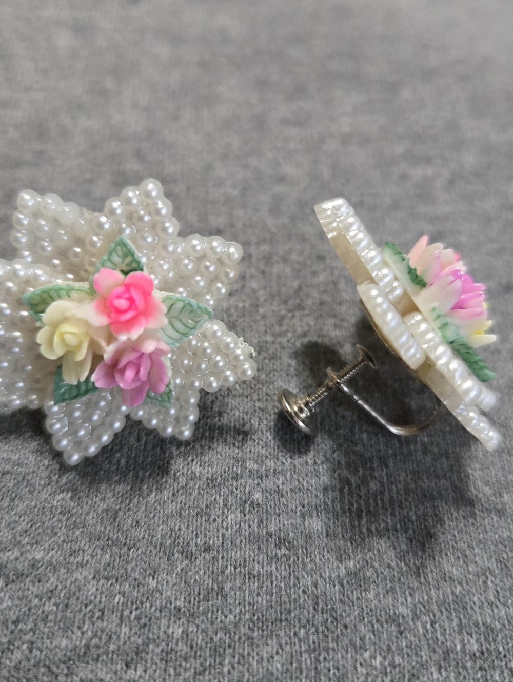 Vintage Screw Back Seed Bead Floral Cluster Earrings MCM Spring Easter Dress Up
